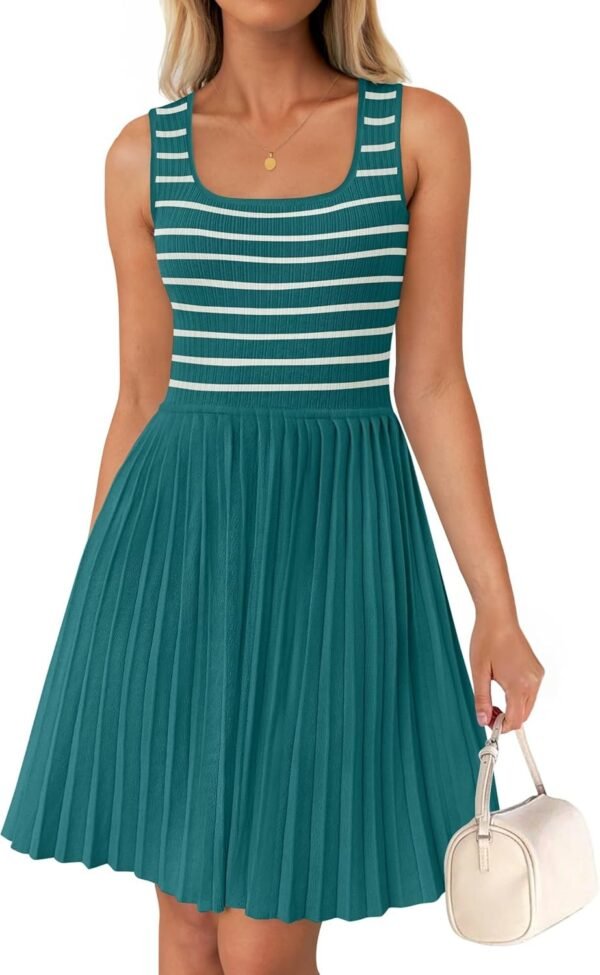 Connecteri Women's Summer Sleeveless Mini Dress 2024 Square Neck Striped Knit A Line Pleated Tank Dresses