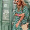 Connecteri  Womens Loose Fit Casual Summer V Neck Half Sleeve Bohemian Geometric Pattern Maxi Long Dresses
