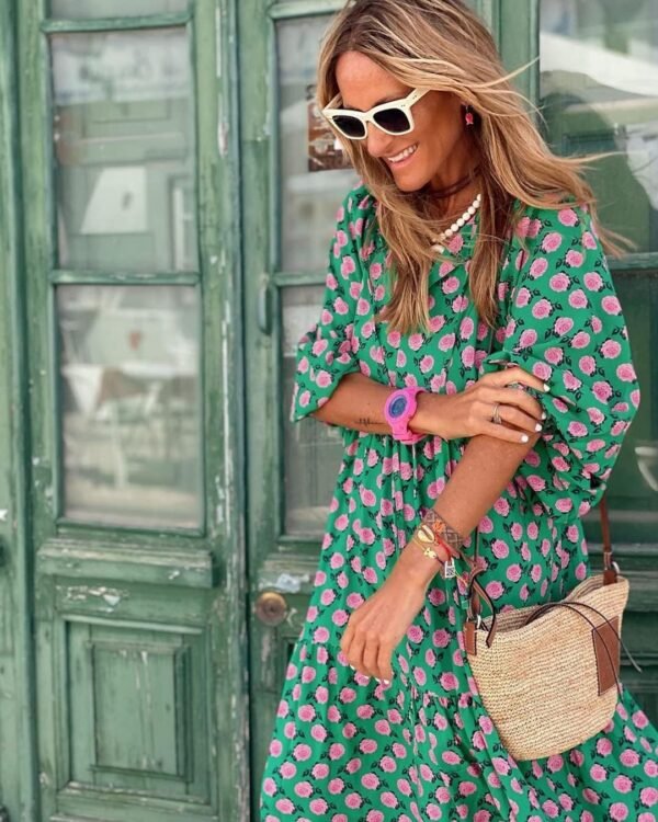 Connecteri  Womens Loose Fit Casual Summer V Neck Half Sleeve Bohemian Geometric Pattern Maxi Long Dresses