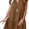 Connecteri  Womens Summer V-Neck Drawstring Ruffle Cap Short Sleeve Casual Shift Mini Dress with Pockets