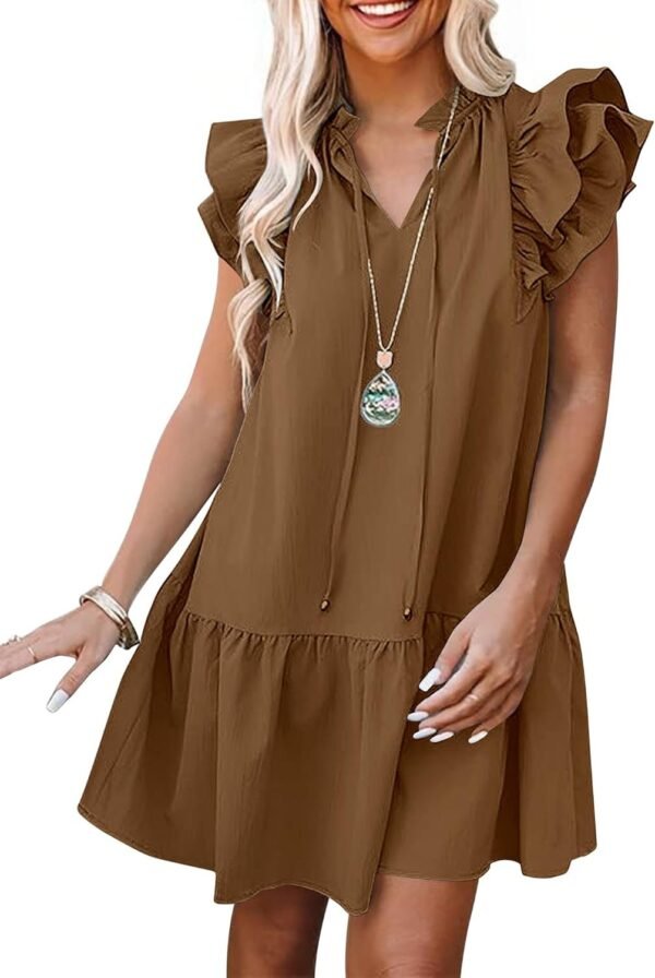Connecteri  Womens Summer V-Neck Drawstring Ruffle Cap Short Sleeve Casual Shift Mini Dress with Pockets