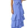 Connecteri?Womens Summer Floral One Shoulder Tiered Ruffle Flowy Midi Beach Boho Dress
