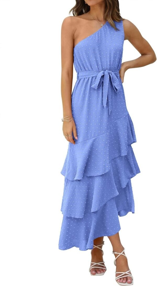 Connecteri?Womens Summer Floral One Shoulder Tiered Ruffle Flowy Midi Beach Boho Dress