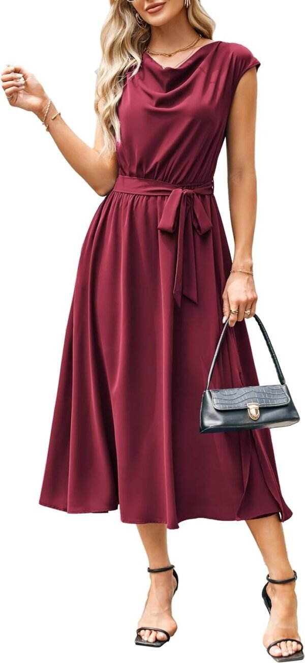 Connecteri  KARIN Women's 2024 Satin Midi Dress Summer Cap Sleeve Cowl Neck Belted Slit Elegant A-Line Flowy Dress with Pockets