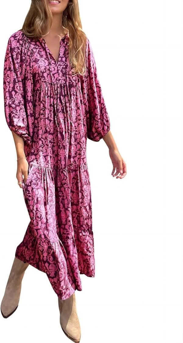 Connecteri  Womens Loose Fit Casual Summer V Neck Half Sleeve Bohemian Geometric Pattern Maxi Long Dresses