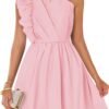 Connecteri Women's Summer One Shoulder Ruffle Dress 2024 Boho Sleeveless Elastic High Waist Swing Mini Dresses