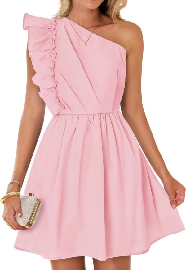 Connecteri Women's Summer One Shoulder Ruffle Dress 2024 Boho Sleeveless Elastic High Waist Swing Mini Dresses