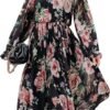 Connecteri  Women's Floral Midi Dress Puff Long Sleeve Casual Ruffle Chiffon A-Line Swing Pleated Belted Tea Party Dresses