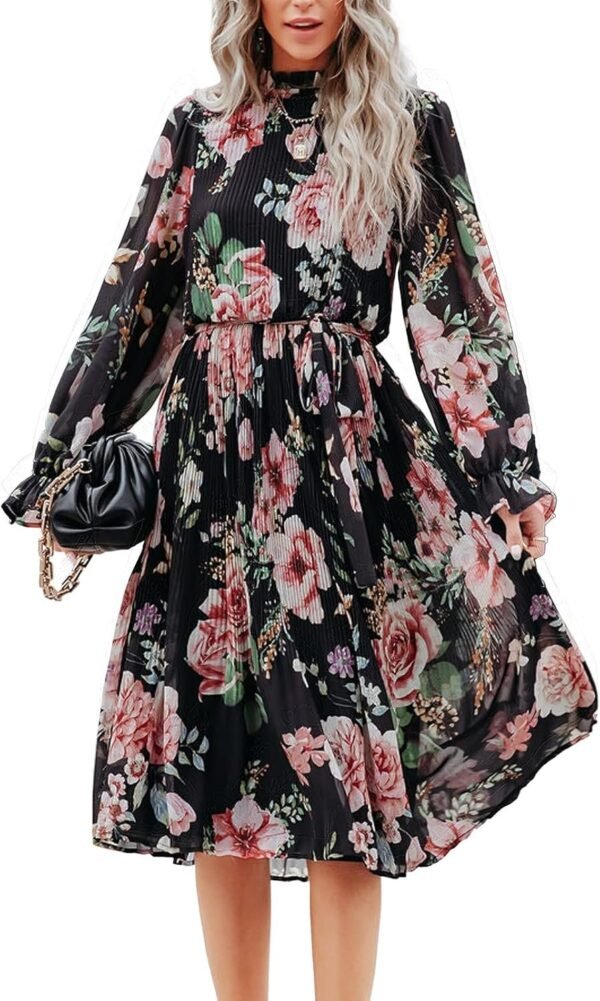 Connecteri  Women's Floral Midi Dress Puff Long Sleeve Casual Ruffle Chiffon A-Line Swing Pleated Belted Tea Party Dresses
