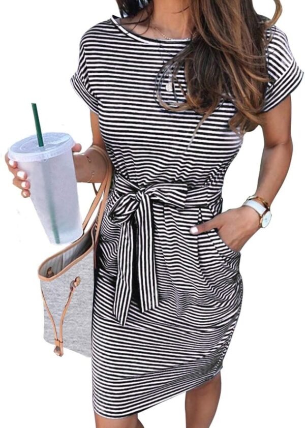 Connecteri  Women's Summer Striped Short Sleeve T Shirt Dress Casual Tie Waist with Pockets