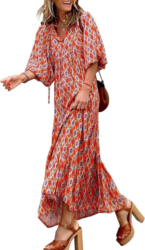 Connecteri  Womens Loose Fit Casual Summer V Neck Half Sleeve Bohemian Geometric Pattern Maxi Long Dresses