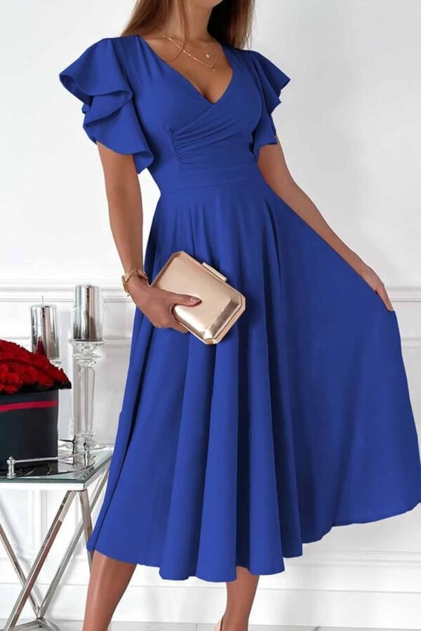 Connecteri?Womens 2024 Summer Midi Dress Ruffle Cap Sleeve V Neck Swing A Line Cocktail Party Dresses