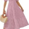 Connecteri Women's 2024 Summer Short Puff Sleeve Crewneck Smocked Floral Lace Flowy A Line Tiered Maxi Dresses