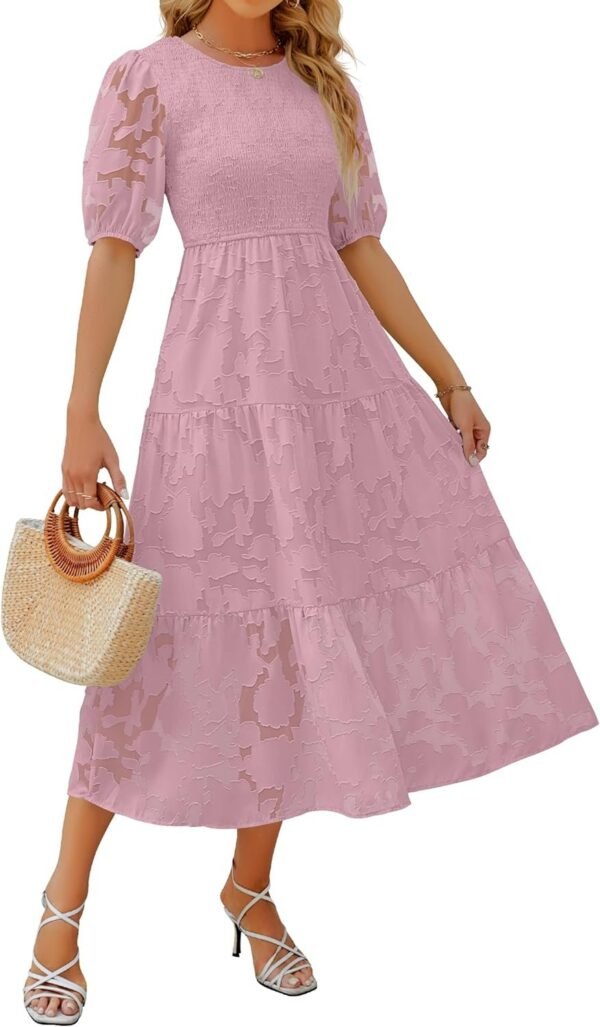 Connecteri Women's 2024 Summer Short Puff Sleeve Crewneck Smocked Floral Lace Flowy A Line Tiered Maxi Dresses