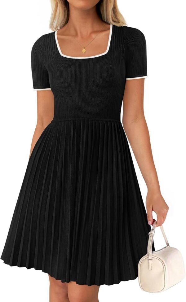 Connecteri Women's Ribbed Square Neck Color Block Pleated Mini Dress Short Sleeve A Line Knit Short Dresses