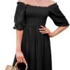 Connecteri  Women's Summer Cotton Puff Sleeves Casual Vintage Polka Dots Print Off Shoulder Midi Dress