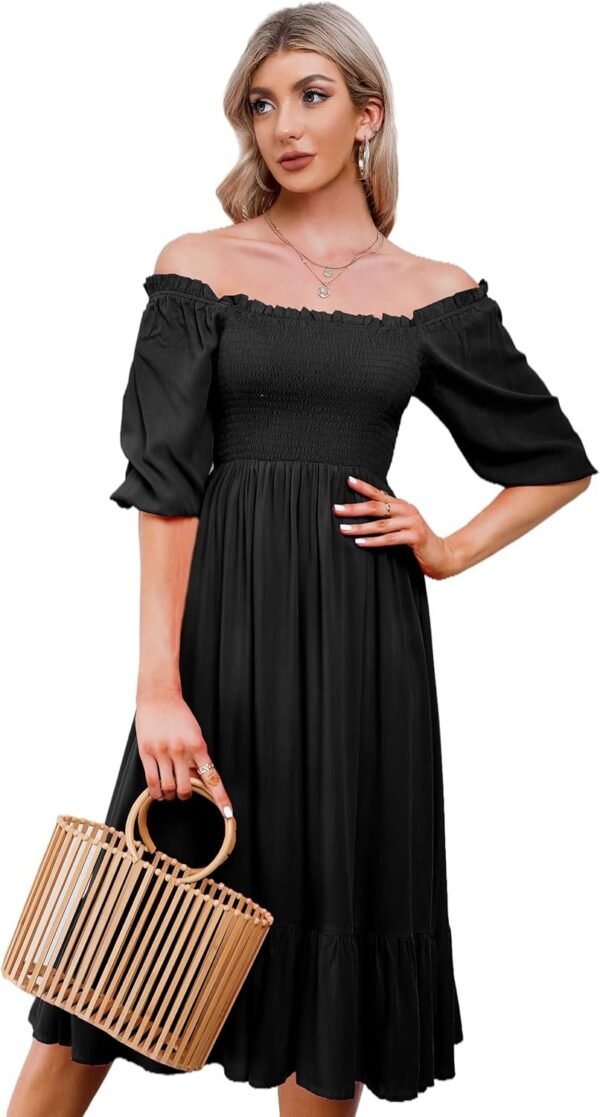Connecteri  Women's Summer Cotton Puff Sleeves Casual Vintage Polka Dots Print Off Shoulder Midi Dress