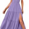 Connecteri  Women's Summer One Shoulder Sleeveless Knot Smocked Midi Dress Split Tiered Flowy Dresses