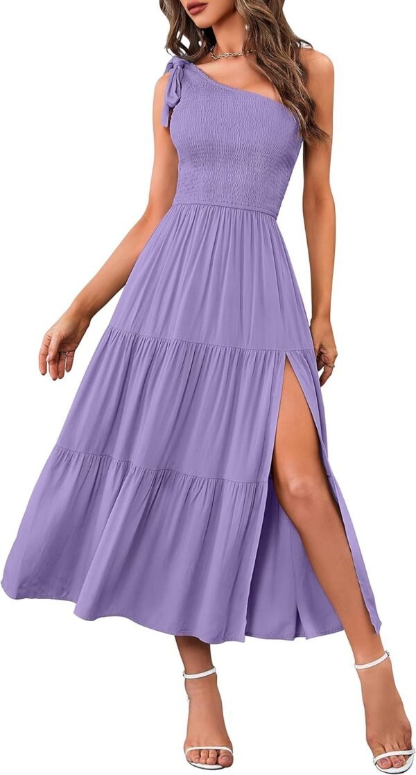 Connecteri  Women's Summer One Shoulder Sleeveless Knot Smocked Midi Dress Split Tiered Flowy Dresses