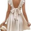 Connecteri  Women's Mini Dress V Neck Flutter Sleeve Cotton Self Tie Back A Line Short Summer Cover Up Dress