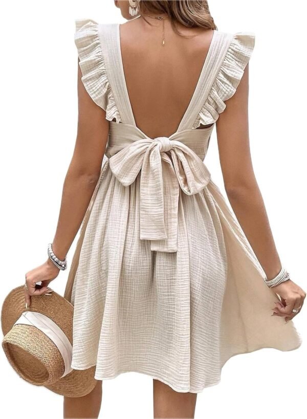 Connecteri  Women's Mini Dress V Neck Flutter Sleeve Cotton Self Tie Back A Line Short Summer Cover Up Dress
