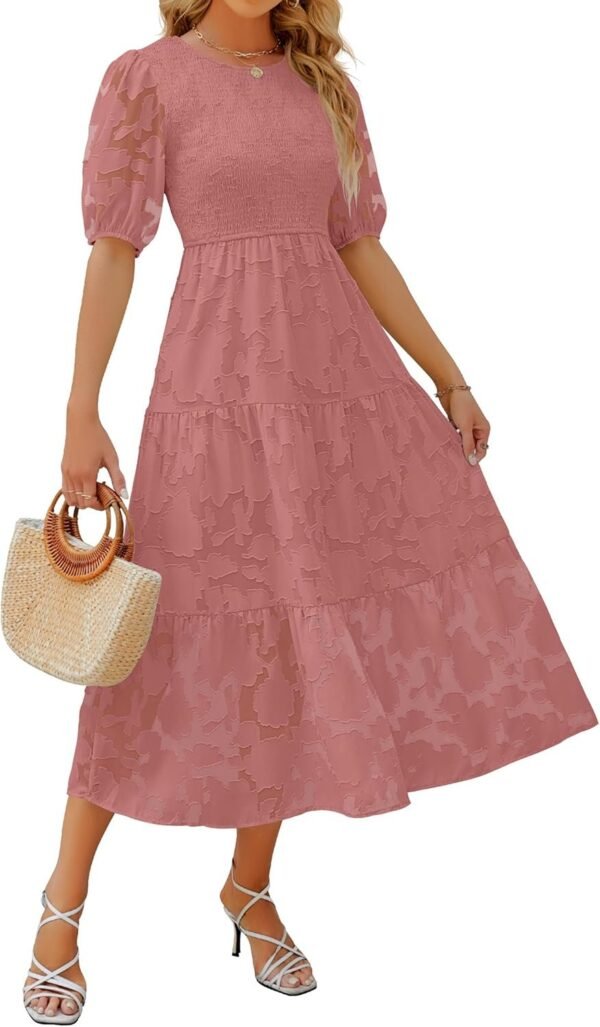 Connecteri Women's 2024 Summer Short Puff Sleeve Crewneck Smocked Floral Lace Flowy A Line Tiered Maxi Dresses