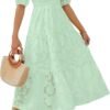 Connecteri Women's 2024 Summer Short Puff Sleeve Crewneck Smocked Floral Lace Flowy A Line Tiered Maxi Dresses