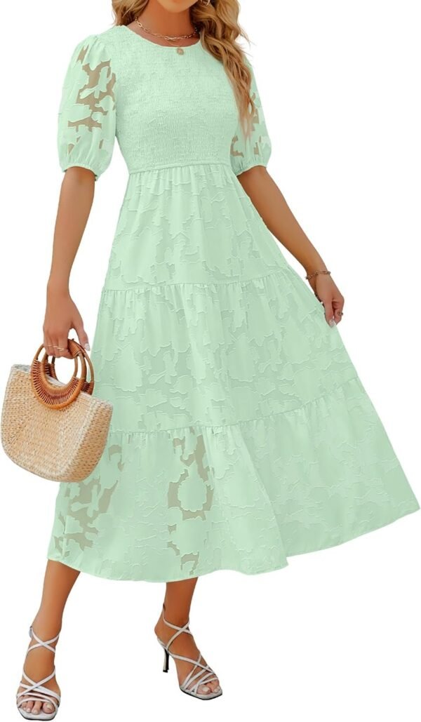 Connecteri Women's 2024 Summer Short Puff Sleeve Crewneck Smocked Floral Lace Flowy A Line Tiered Maxi Dresses