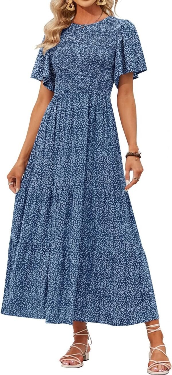 Connecteri Women's 2024 Summer Casual Floral Print Short Flutter Sleeve Crew Neck Smocked High Waist Flowy Maxi Dress