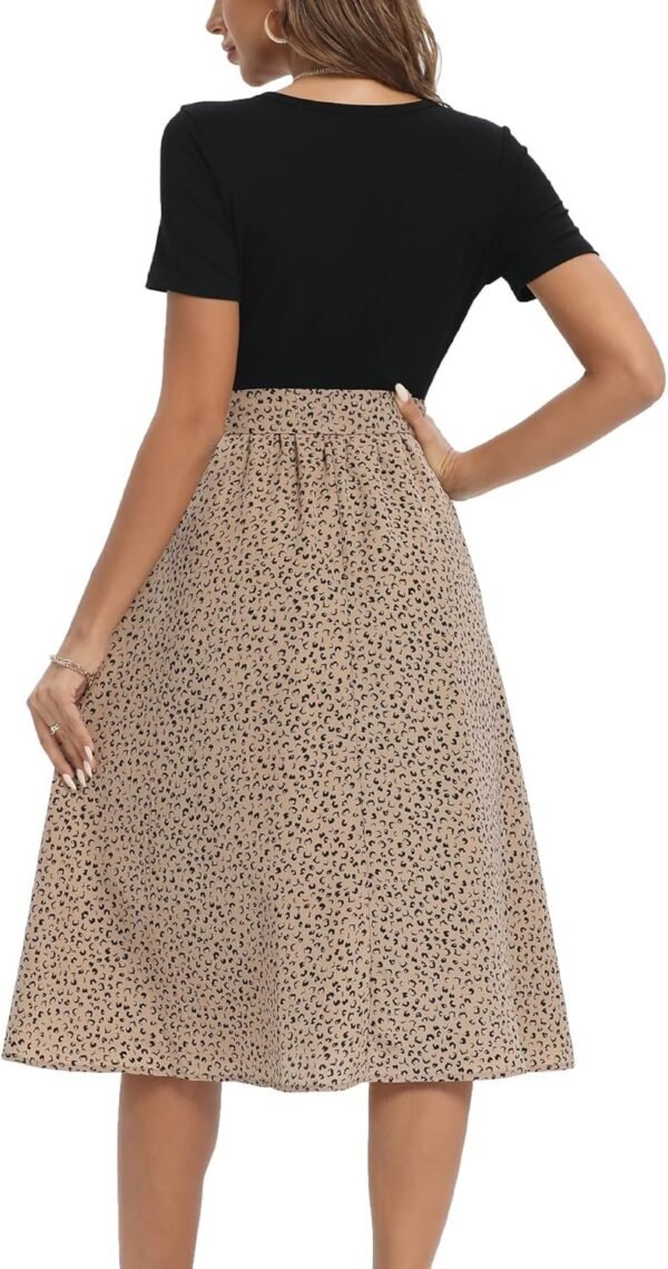 Connecteri  Summer Dresses for Women 2024 Short Sleeve Elastic Waist Casual Dresses Ribbed Floral Work Midi Dress with Pockets