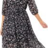 Connecteri  Women's Short Sleeve V-Neck 3/4 Sleeve Button Up Chiffon Floral Pleated Midi Swing Dress with Belt