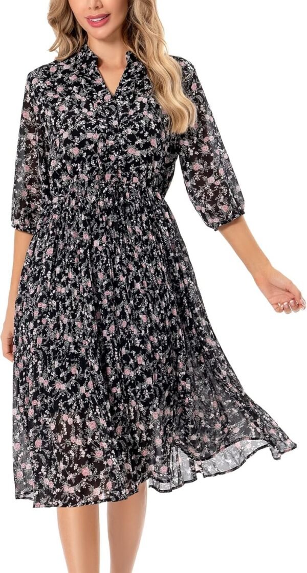 Connecteri  Women's Short Sleeve V-Neck 3/4 Sleeve Button Up Chiffon Floral Pleated Midi Swing Dress with Belt