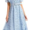 Connecteri  Women's Short Sleeve Button Up Ruffle Chiffon Floral Midi Swing Dress with Belt