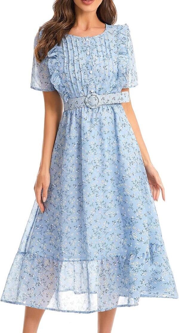 Connecteri  Women's Short Sleeve Button Up Ruffle Chiffon Floral Midi Swing Dress with Belt