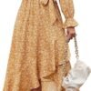 Connecteri  Women Long Sleeve Wrap Maxi Dress V Neck Boho Floral High Waist Flowy Ruffle 2024 Spring Summer Dresses with Belt