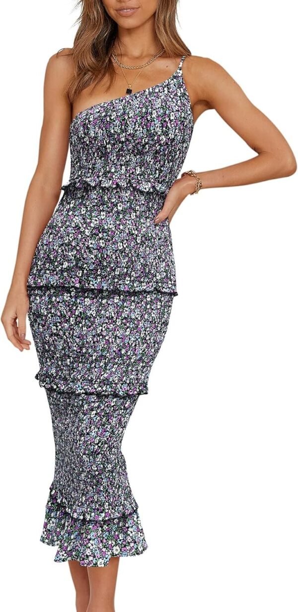 Connecteri  Womens Floral Summer One Shoulder Strappy Tiered Ruffle Midi Bodycon Dresses
