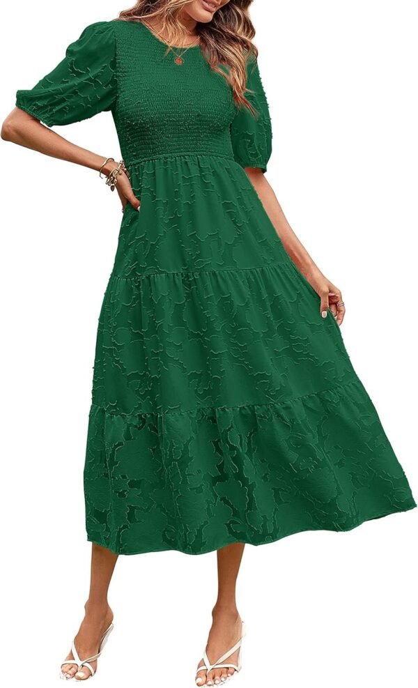 Connecteri  Women's 2024 Summer Puff Sleeve Smocked Floral Dress Crewneck Lace Flowy Tiered Midi Dresses