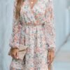 Connecteri  Women's Floral Print Chiffon A-Line Mini Dress Long Peasant Sleeves