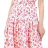 Connecteri  Women's Short Sleeve V-Neck 3/4 Sleeve Button Up Chiffon Floral Pleated Midi Swing Dress with Belt