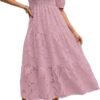 Connecteri  Women's 2024 Summer Puff Sleeve Smocked Floral Dress Crewneck Lace Flowy Tiered Midi Dresses
