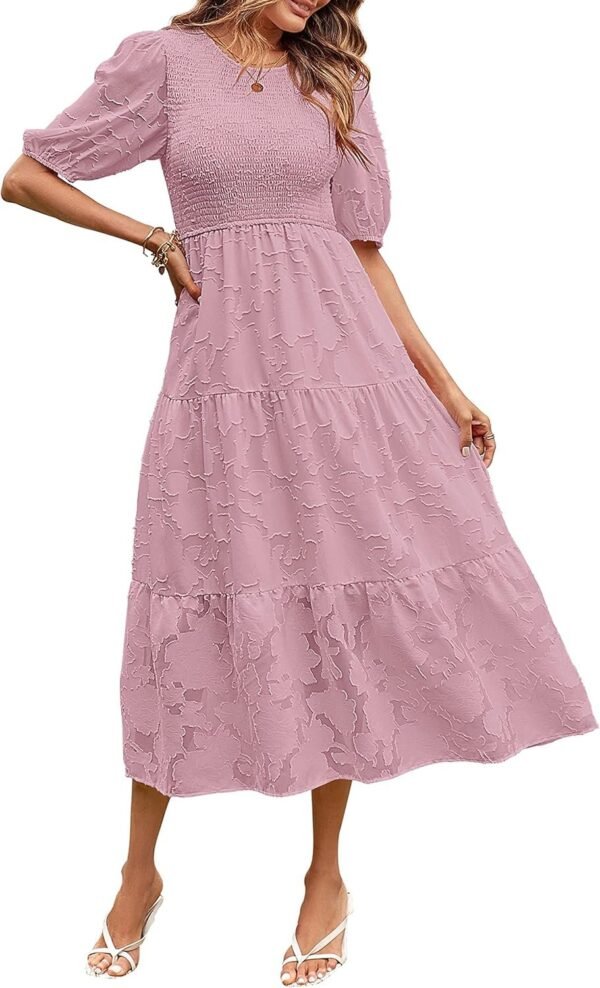 Connecteri  Women's 2024 Summer Puff Sleeve Smocked Floral Dress Crewneck Lace Flowy Tiered Midi Dresses