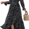 Connecteri  Women Long Sleeve Wrap Maxi Dress V Neck Boho Floral High Waist Flowy Ruffle 2024 Spring Summer Dresses with Belt