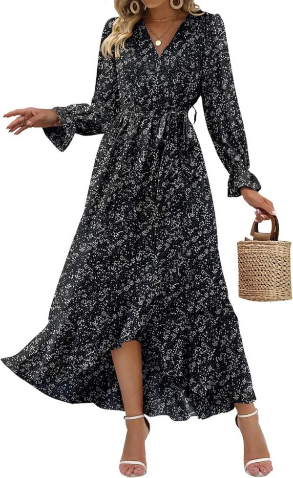 Connecteri  Women Long Sleeve Wrap Maxi Dress V Neck Boho Floral High Waist Flowy Ruffle 2024 Spring Summer Dresses with Belt