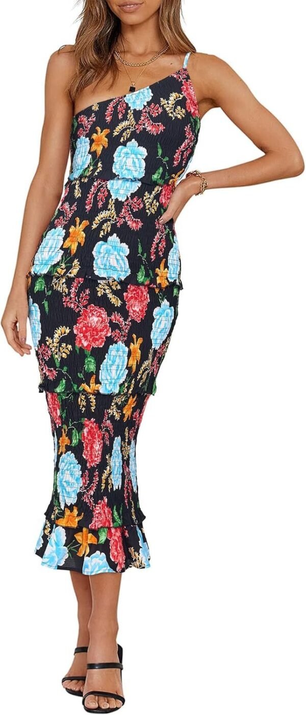Connecteri  Womens Floral Summer One Shoulder Strappy Tiered Ruffle Midi Bodycon Dresses