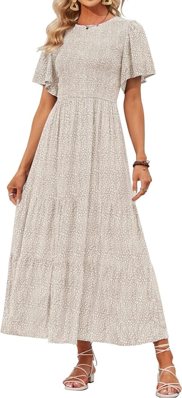 Connecteri Women's 2024 Summer Casual Floral Print Short Flutter Sleeve Crew Neck Smocked High Waist Flowy Maxi Dress