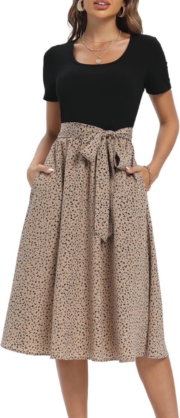 Connecteri  Summer Dresses for Women 2024 Short Sleeve Elastic Waist Casual Dresses Ribbed Floral Work Midi Dress with Pockets