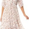 Connecteri  Women's Short Sleeve V-Neck 3/4 Sleeve Button Up Chiffon Floral Pleated Midi Swing Dress with Belt