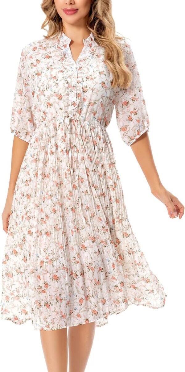 Connecteri  Women's Short Sleeve V-Neck 3/4 Sleeve Button Up Chiffon Floral Pleated Midi Swing Dress with Belt