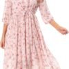 Connecteri  Women's Short Sleeve V-Neck 3/4 Sleeve Button Up Chiffon Floral Pleated Midi Swing Dress with Belt