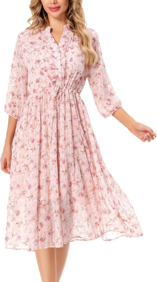 Connecteri  Women's Short Sleeve V-Neck 3/4 Sleeve Button Up Chiffon Floral Pleated Midi Swing Dress with Belt